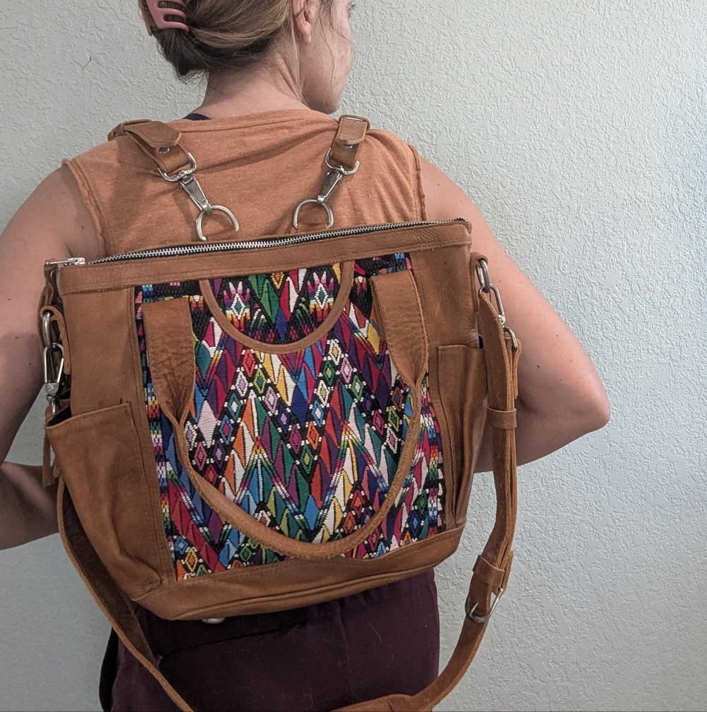 Kyrie Leather Convertible Tote Backpack Boho Gypsy Woven Textile Bag